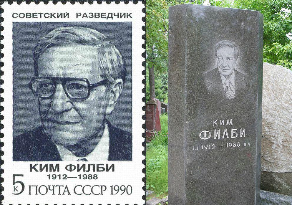 A Soviet postage stamp from 1990 commemorating the British double agent Kim Philby. An offspring of the British upper class and a Cambridge graduate, Philby became an enthusiastic communist during the 1930s and was recruited by the Soviet secret service. Active in the United States as a liaison officer of the British foreign intelligence service during the late 1940s, he passed on top-secret information to Moscow that repeatedly helped the Soviet Union in its secret-service war with the Western allies. In 1963 Kim Philby fled to Moscow, where he was given a position with the KGB. Yet it was only after his death in 1988 that he was given the honors he had coveted all his life, including a posthumous Order of Lenin, the second-highest distinction in the Soviet Union. On the left: USSR postage stamp from the series “Soviet Spies”: Kim Philby 1990, picture of B. Ilyukhin, CFA #6266. Source: [https://commons.wikimedia.org/wiki/File:The_Soviet_Union_1990_CPA_6266_stamp_(Soviet_Intelligence_Agents._Kim_Philby).jpg Wikimedia Commons], public domain; on the right: Grave of Kim Philby in a cemetery in Moscow, July 10, 2010. Photo: A. Savin, source: [https://de.wikipedia.org/wiki/Datei:Friedhof_Kunzewo_Grab_Philby_Gesamtansicht.jpg#/media/Datei:Friedhof_Kunzewo_Grab_Philby_Gesamtansicht.jpg Wikimedia Commons], License: [https://creativecommons.org/licenses/by-sa/3.0/ CC BY-SA 3.0]