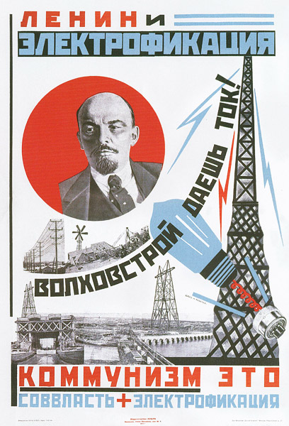 Plakat, das Lenin, Strommasten und eine Glühbirne zeigt.