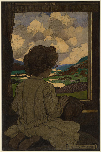 Zeichnung eines Kindes, das durch ein Zugfenster die Landschaft betrachtet.
