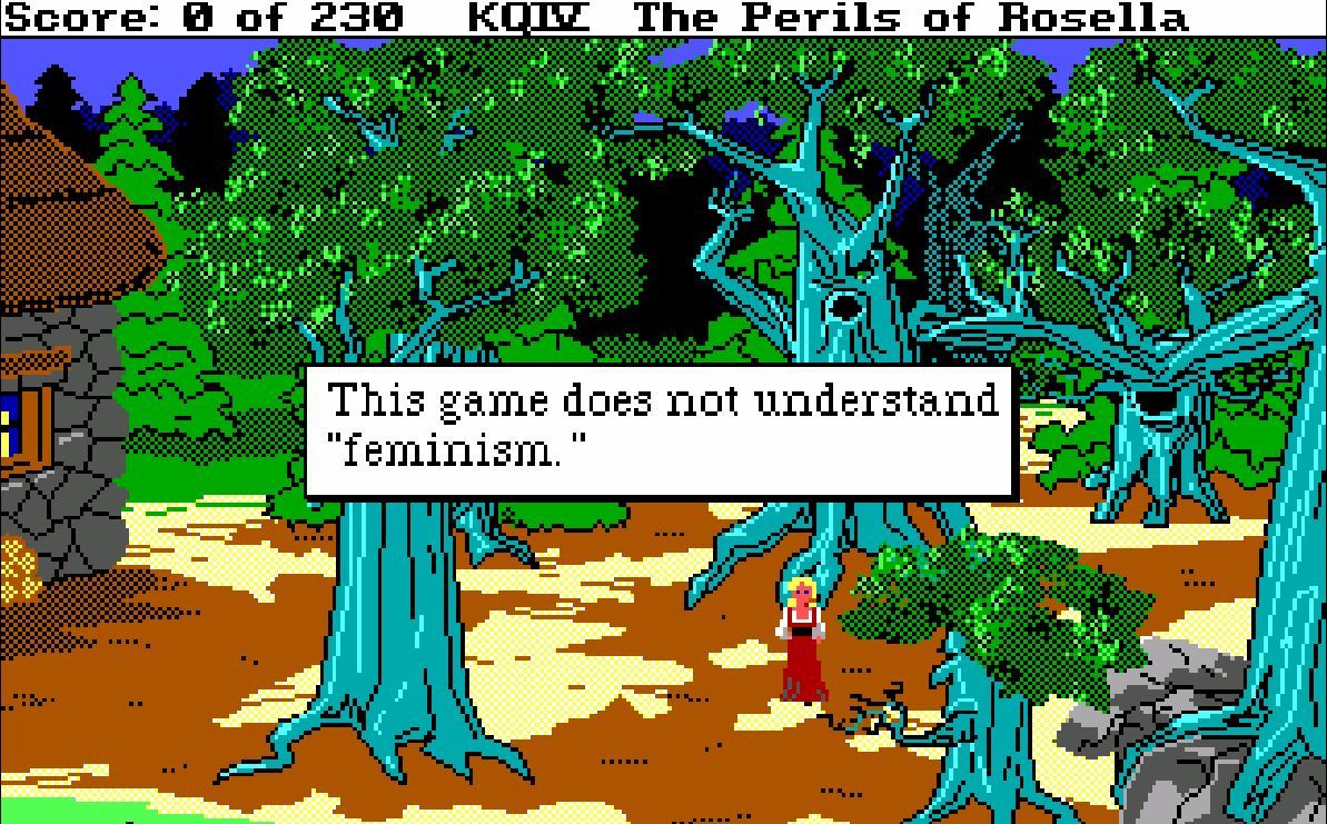Computer generierte Waldlandschaft. In der Mitte das Schriftfeld: This game does not understand "feminism"