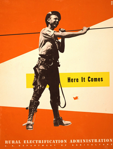 Collage eines lachenden Mannes in Arbeitskleidung auf organgenem Hintergrund. In einem gelben Textfeld in schwarzer Schrift die Worte: Here it comes.