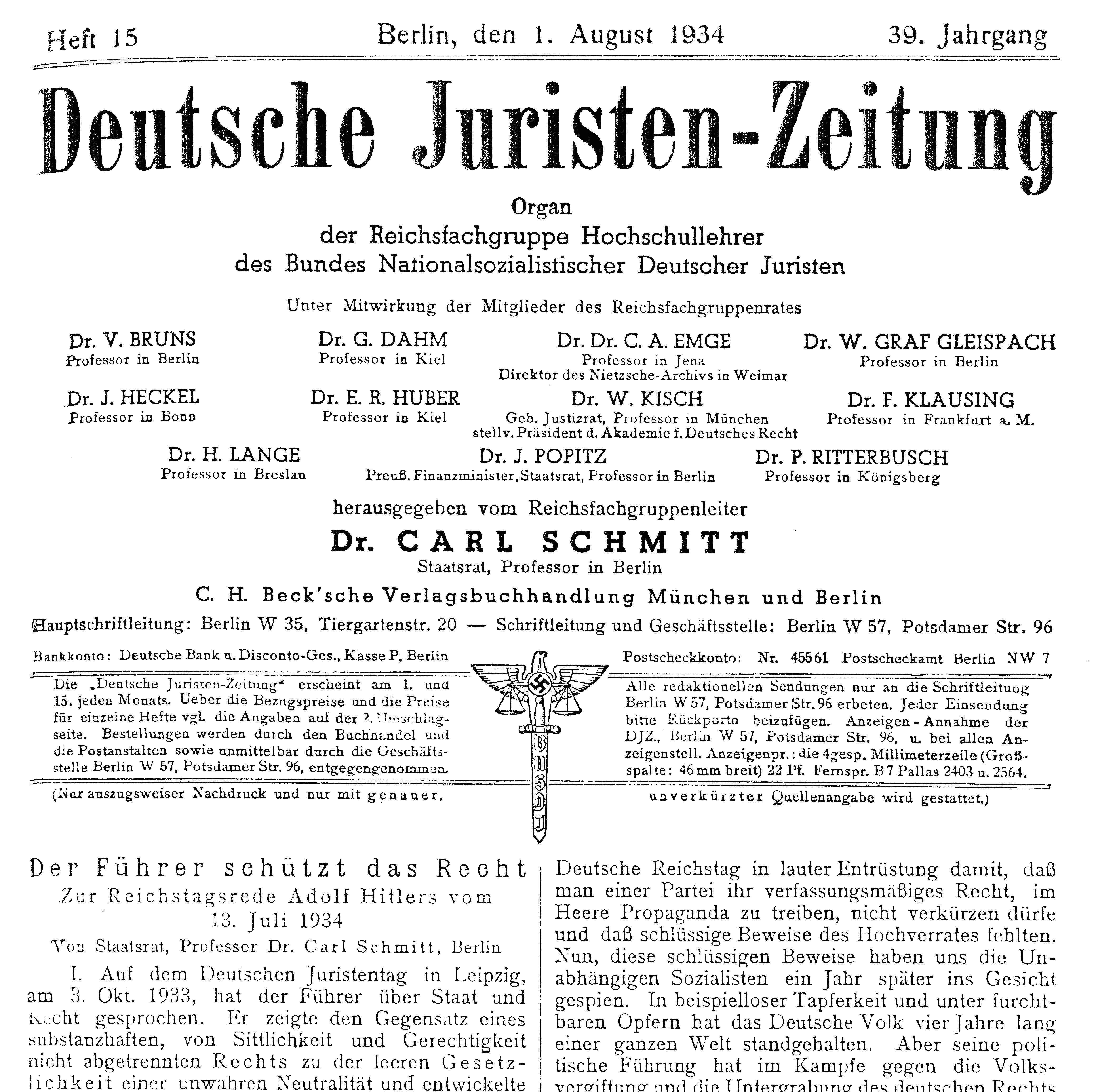 Mit seinem Aufsatz „Der Führer schützt das Recht“ lieferte Carl Schmitt den Mordaktionen im Zusammenhang mit dem sog. Röhm-Putsch die rechtliche Legitimierung. Carl Schmitt war schon vor dem Machtantritt der Regierung aus NSDAP und Deutschnationaler Volkspartei 1933 ein wichtiger Hochschullehrer des öffentlichen Rechts. Nach 1945 verlor er zwar seinen Lehrstuhl, blieb aber in der bundesdeutschen Rechtslehre einflussreich.&nbsp; Carl Schmitt, Der Führer schützt das Recht (Kopf), in: Deutsche Juristen-Zeitung 1934, S. 945. Quelle: Wikimedia Commons