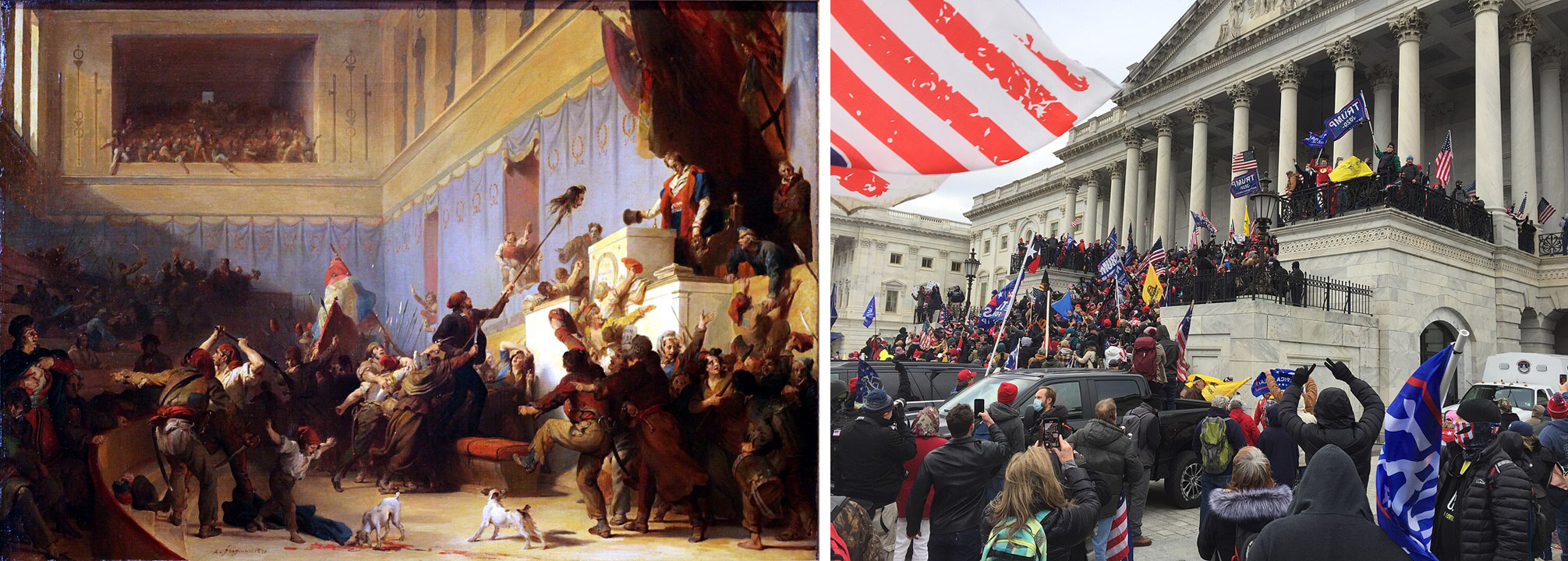 links: Alexandre-Évariste Fragonard, Boissy d’Anglas saluant la tête du député Féraud, 1er prairal An III (20 mai 1795), Öl auf Leinwand, 1831, Louvre. Fotograf: Rama, Quelle: Wikimedia Commons, Lizenz: CC BY-SA-2.0-fr; rechts: Sturm auf das Parlamentsgebäude, in dem die Wahl von Joseph Biden zum 46. Präsidenten der USA durch beide Kammern des Parlaments bestätigt werden sollte, 6. Januar 2021. Foto: TapTheForwardAssist, Quelle: Wikimedia Commons, Lizenz: CC BY-SA 4.0