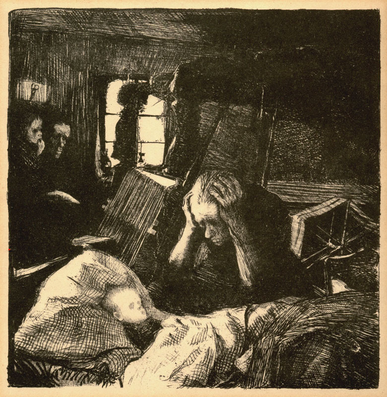Um die Jahrhundertwende wurden die Lebens- und Wohnbedingungen proletarischer Familien zunehmend in der Öffentlichkeit skandalisiert. Käthe Kollwitz, Not,&nbsp;Blatt 1 aus dem Zyklus „Ein Weberaufstand“, 1893-97, Kreide- und Federlithographie. Quelle: Wikimedia Commons.