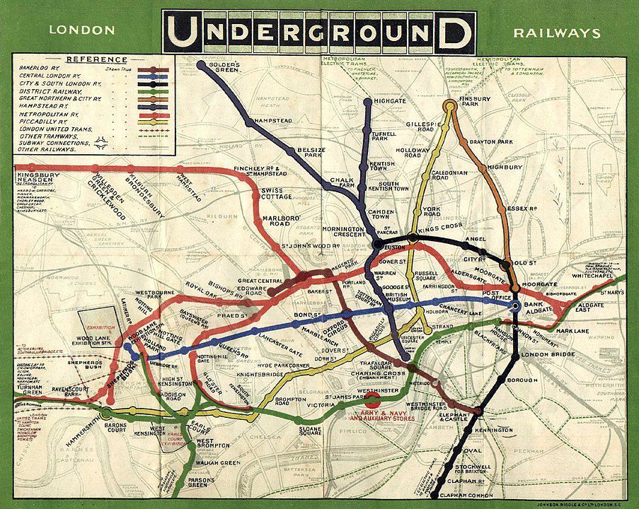 Map of London Underground lines, 1908. author unknown. Source: [https://commons.wikimedia.org/wiki/File:Tube_map_1908-2.jpg Wikimedia Commons] public domain