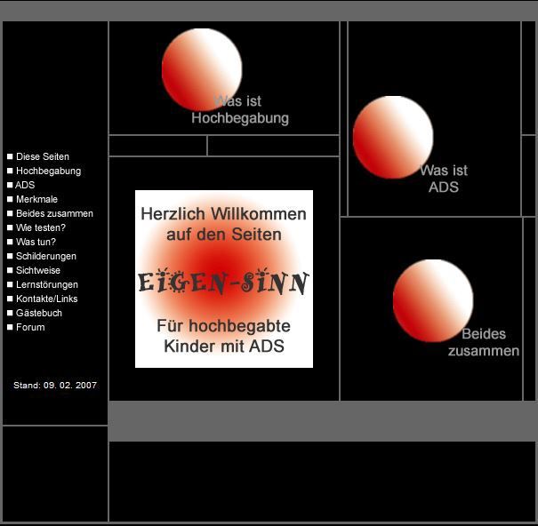 Screenshot einer schwarzen Website. Darauf orangene Kreise. Einer in einem weißen kasten mit der Schrift: Eigen-Sinn