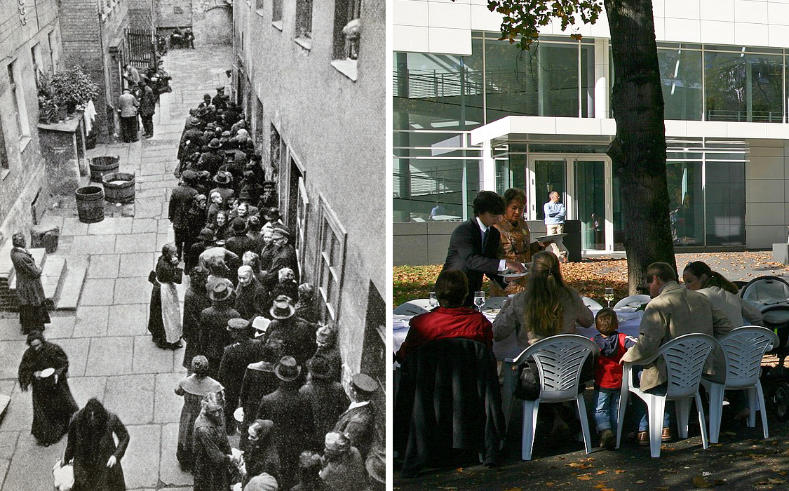links: schwarz-weiß Foto anstehender Menschen von oben. Rechts: Menschen an einem Esstisch draußen vor einem weißen Haus, daneben ein Baum
