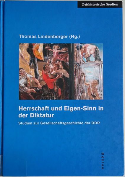 Blaues Buchcover mit einem Gemälde welches arbeitende Menschen und Menschen beim feiern zeigt.