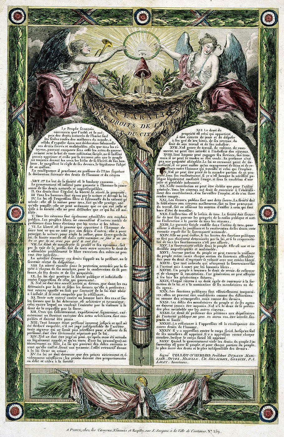 Die „Déclaration des droits de l'homme et du citoyen“, welche die französische Nationalversammlung am 26. August 1789 nach amerikanischem Vorbild verkündete, kann als einer der Referenzpunkte für die seitherige Rechtsentwicklung und damit für die von der Juristischen Zeitgeschichte erfasste Rechtsepoche angesehen werden. Die Anerkennung oder Ablehnung der in ihr formulierten „Ideen von 1789“ wurde zum Erkennungsmerkmal der im 19. Jahrhundert sich formierenden politischen Parteien. Im Zuge des im Deutschen Reich zu Beginn des Ersten Weltkriegs verkündeten „Burgfriedens“ und nach Ende des Kriegs wurden ihnen vonseiten konservativer und nationalistischer Parteien die „Ideen von 1914“ entgegengehalten. Werk von 1793 von einem unbekannten Künstler, Quelle: Archive nationales / Wikimedia Commons / gemeinfrei